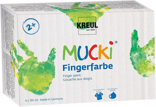 KREUL 2316 - Mucki Bright Finger Paint, 6 x 150 ml in yellow, red, blue, green, white, and black, paraben-free, gluten-free, lactose-free, and vegan, washable, blendable with brush and fingers.