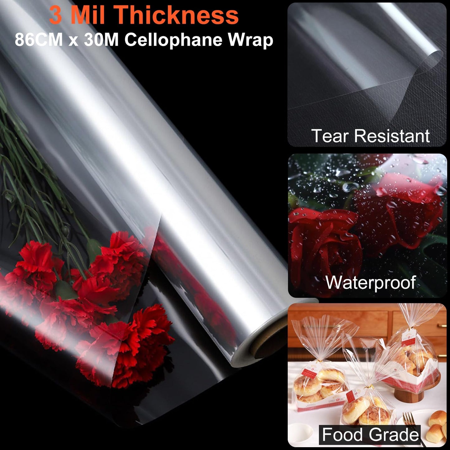 86CM x 30M Clear Gift Wrap Transparent Cellophane Roll 3 Mil Thickness Cellophane Film Gift Paper Wedding Clear Wrapping Film Crystal Clear Packaging Paper for Flowers Gift Baskets Easter Christmas
