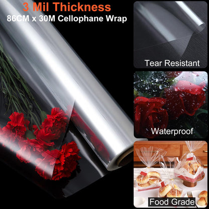 86CM x 30M Clear Gift Wrap Transparent Cellophane Roll 3 Mil Thickness Cellophane Film Gift Paper Wedding Clear Wrapping Film Crystal Clear Packaging Paper for Flowers Gift Baskets Easter Christmas