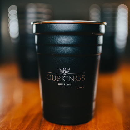 CUPKINGS ® Beer Pong Cup Set 16 oz / 473 ml – 12 reusable stainless steel Beer Pong cups + 4 Beer Pong balls - Dishwasher safe, sturdy, reusable, sustainable - Red Cups- Black