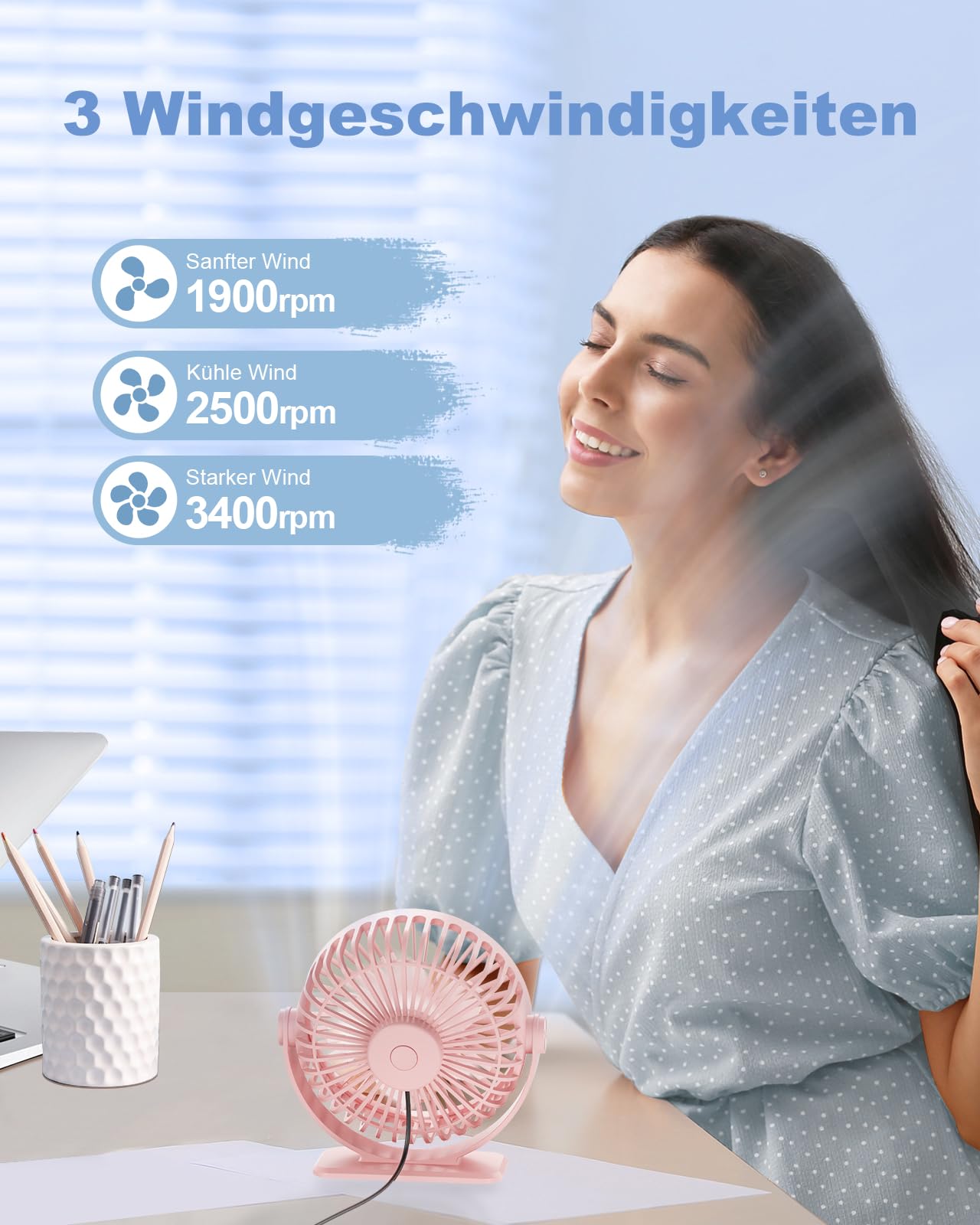 TriPole Fan: Quiet, 3-speed mini fan. Powerful portable USB desk fan with 360° rotation. Small electric fan for office, bedroom, and travel. Pink color.
