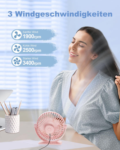 TriPole Fan: Quiet, 3-speed mini fan. Powerful portable USB desk fan with 360° rotation. Small electric fan for office, bedroom, and travel. Pink color.