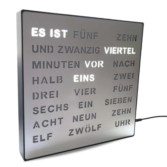 Bada Bing LED word clock in silver with German word display - high-quality metal clock with USB cable, modern wall clock or table clock for silent operation, suitable for hanging or standing - decorative gift for men, office, or living room.