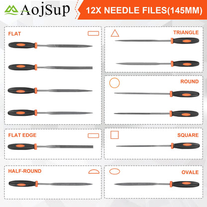 File Set, AojSup 18 pcs. File set for metal and wood with storage bag. High-quality professional file set for metal includes flat file, half-round file, round file, triangular file.