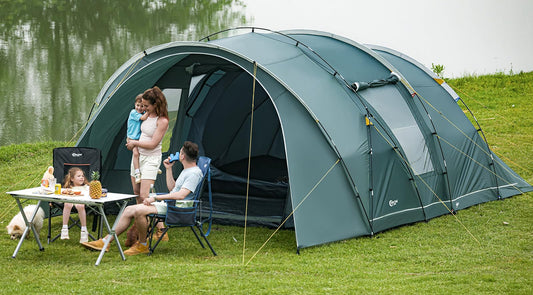 Portal tent for 5-6 people, tunnel design, waterproof 3000mm. Luxury camping tent with 2 sleeping cabins, standing height, vestibule, large floor, ideal for families, groups, camping, travel, trekking, and garden.