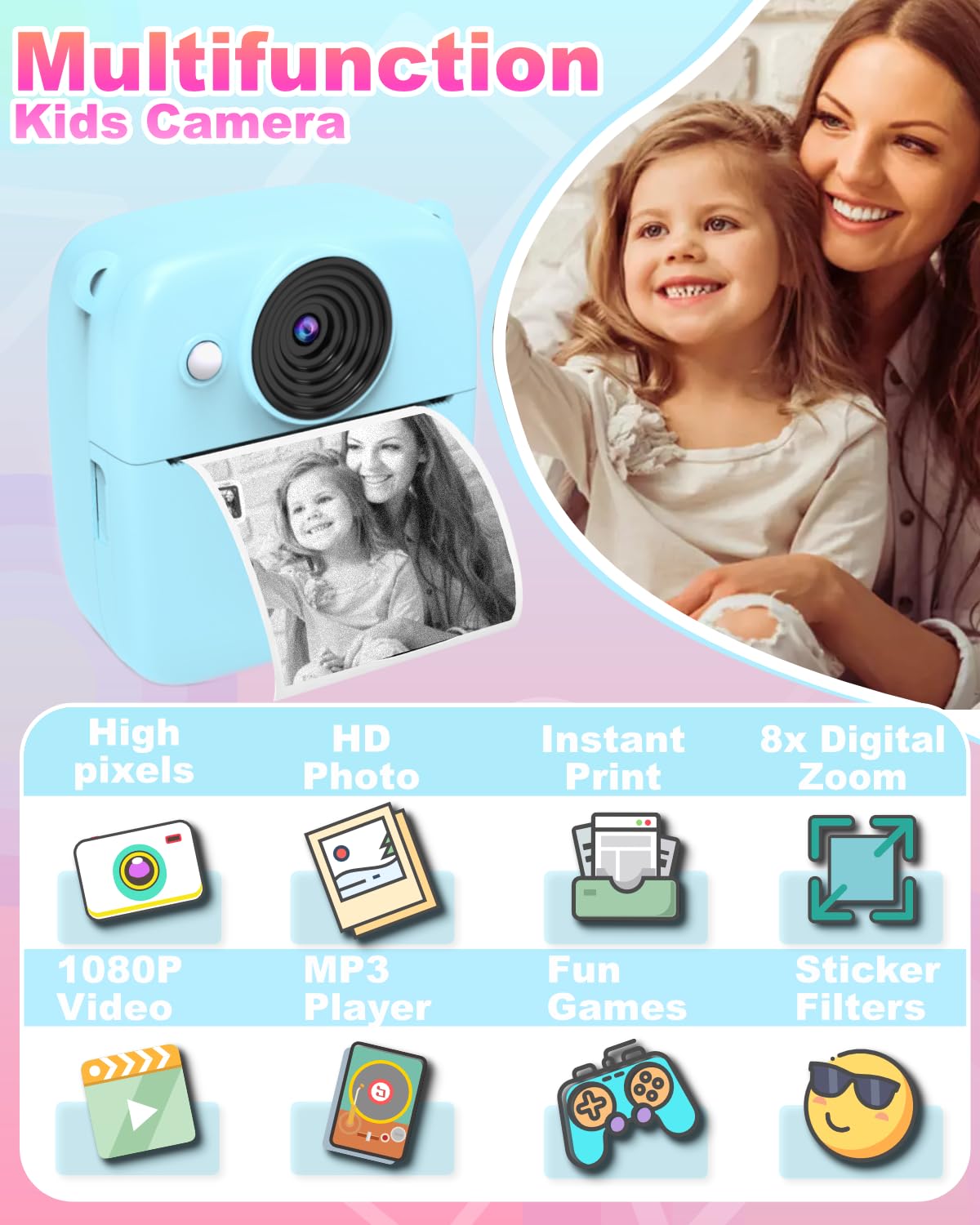 NUOTUN Instant Camera for Kids, Kids Camera with Photo Printing, 2.0 Inch HD Screen, 8X Zoom, 1080P Digital Camera with Printing Paper & Card, Kids Camera Gift for Girls & Boys 3-12 Years (Blue)
