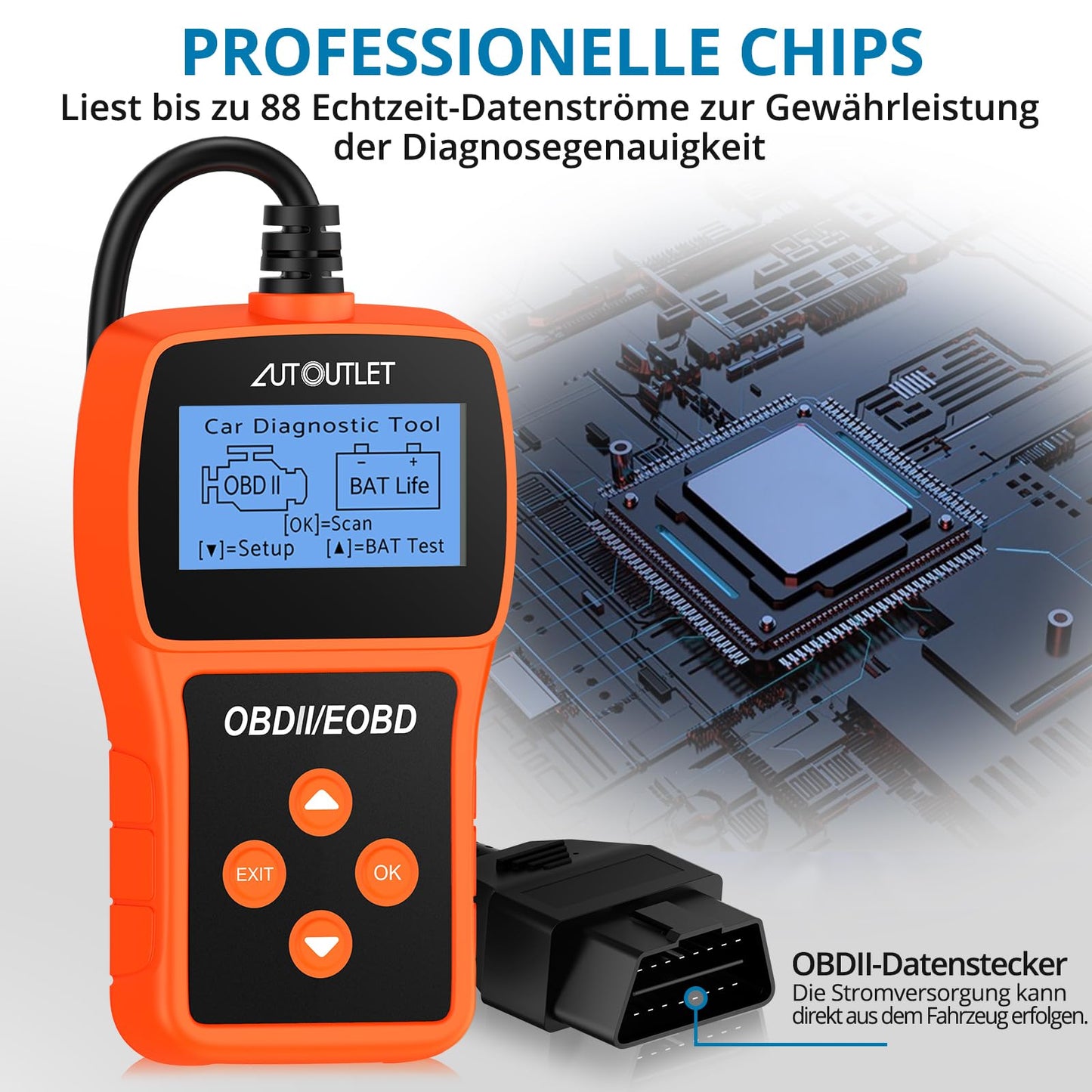 AUTOUTLET OBD2 diagnostic tool, car OBD2 scanner code reader with DTC definition, 10 languages, voltage detection and monitoring, automotive fault code reader.