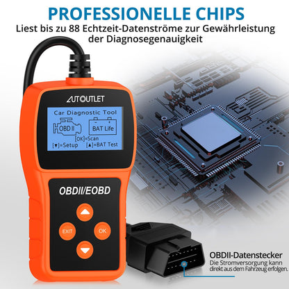 AUTOUTLET OBD2 diagnostic tool, car OBD2 scanner code reader with DTC definition, 10 languages, voltage detection and monitoring, automotive fault code reader.