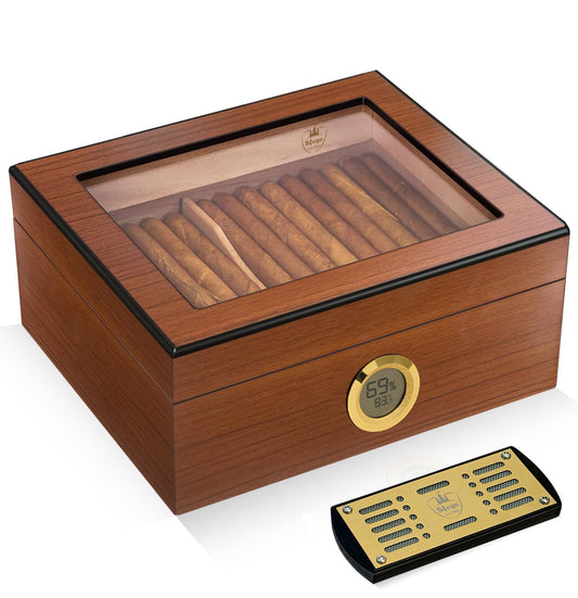 Slege Cigars Humidor, Humidor Cigars Spanish Cedar, with Digital Hygrometer, INOX Cigars Humidifier, Divider, Cuban Cigars Accessories, Gift for Men, German Manual (Brown)