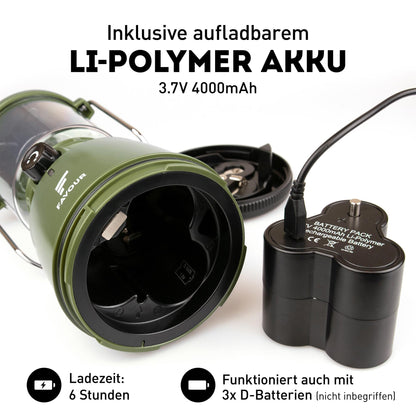 Favour Retro LED Lantern Outdoor | Bright camping lamp, dimmable, candlelight mode | LED lamp rechargeable battery, IP64 waterproof, shockproof | Hanging lamp tent, removable shade, green incl. battery