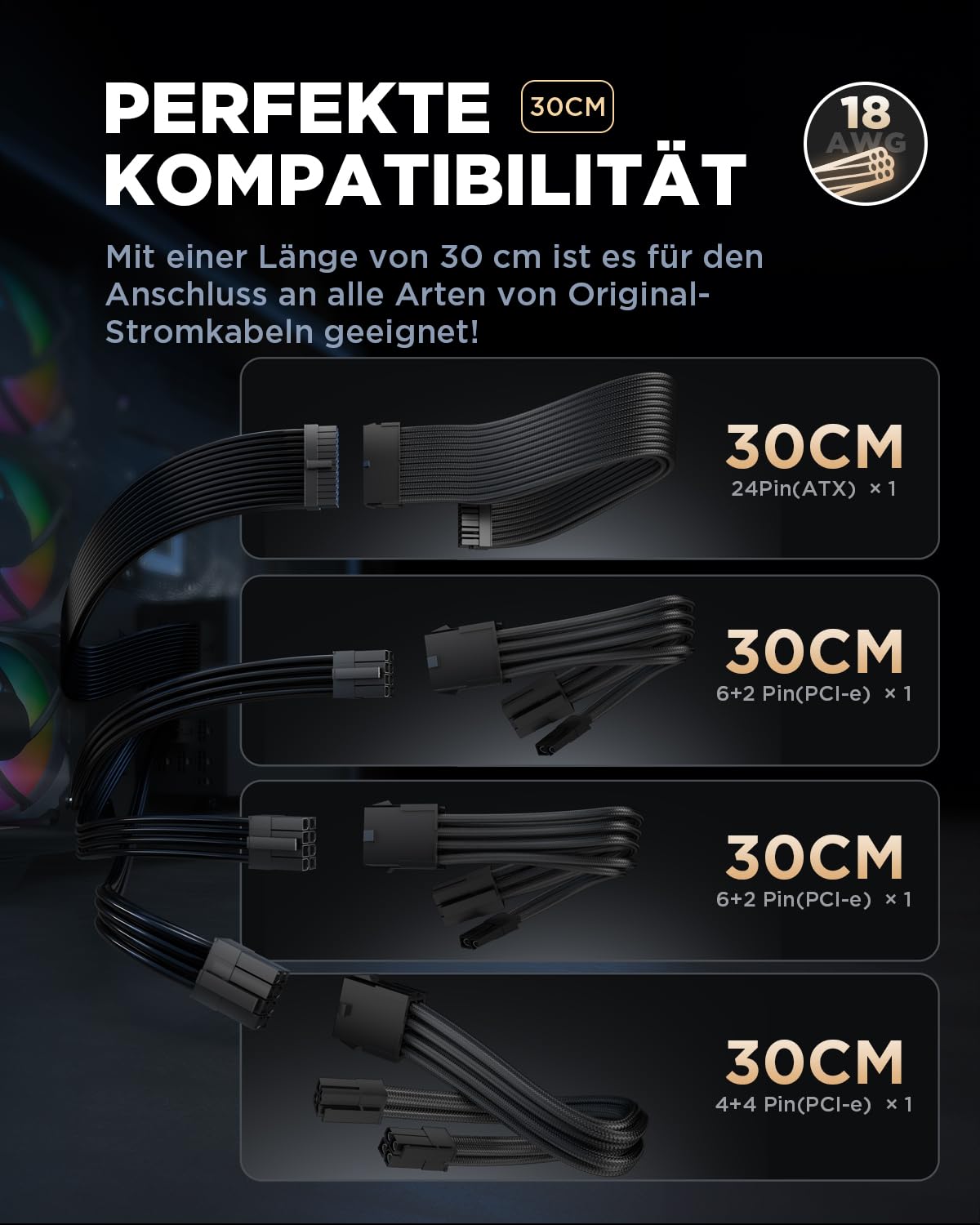 AsiaHorse PSU Cable Extension, PC Sleeved Cable Kit for GPU/CPU, 16AWG Power Supply Cable Extensions with Cable Combs, 24PIN/(6+2)PIN/(4+4)PIN Cable Management, 30CM, Black.