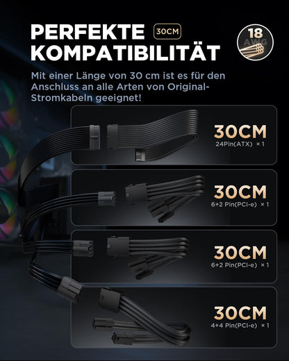 AsiaHorse PSU Cable Extension, PC Sleeved Cable Kit for GPU/CPU, 16AWG Power Supply Cable Extensions with Cable Combs, 24PIN/(6+2)PIN/(4+4)PIN Cable Management, 30CM, Black.