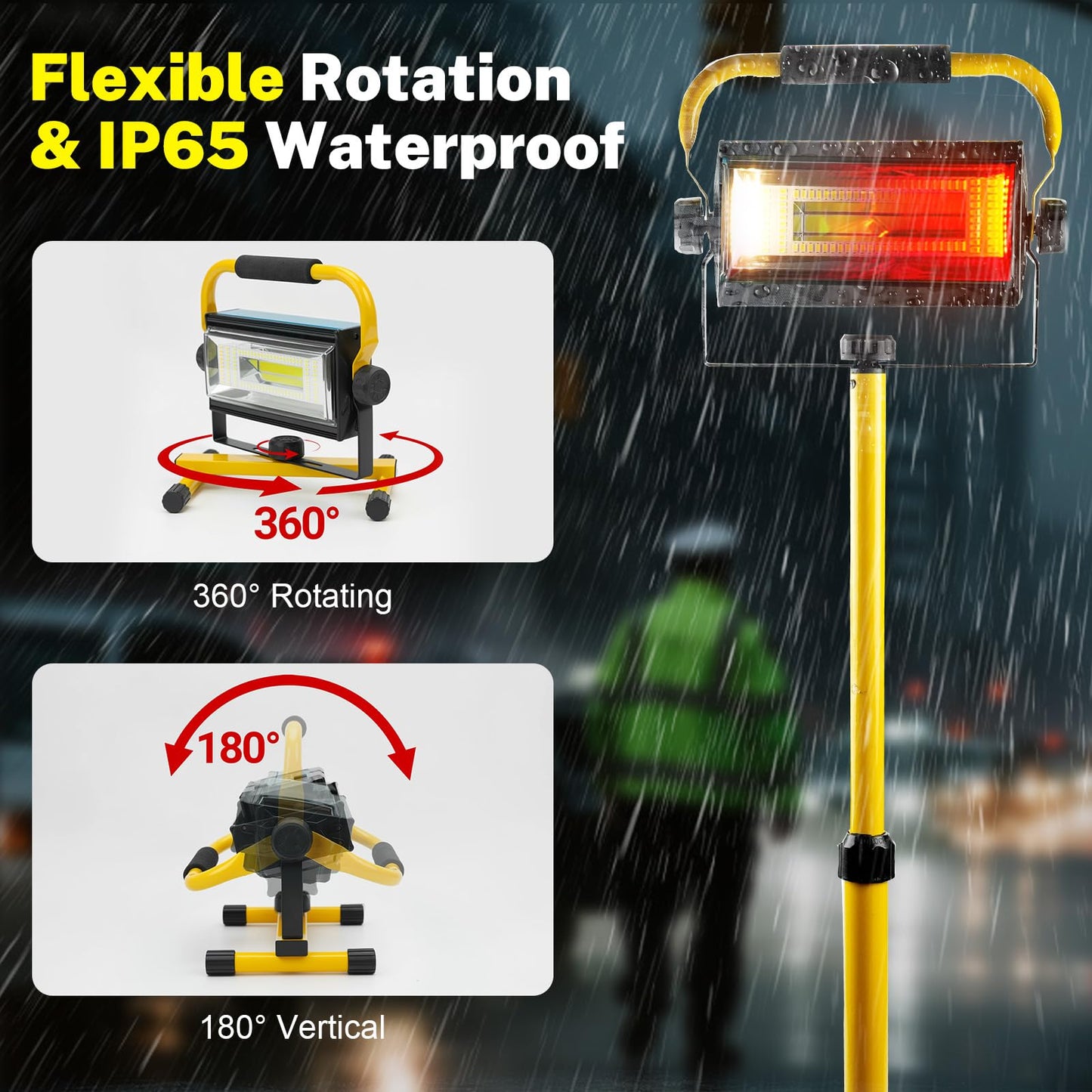 SYLSTAR LED construction spotlight with battery, 80W 7000 lumens LED spotlight with battery work light with 6 modes, portable work spotlight for workshop construction site garage camping outdoor lighting