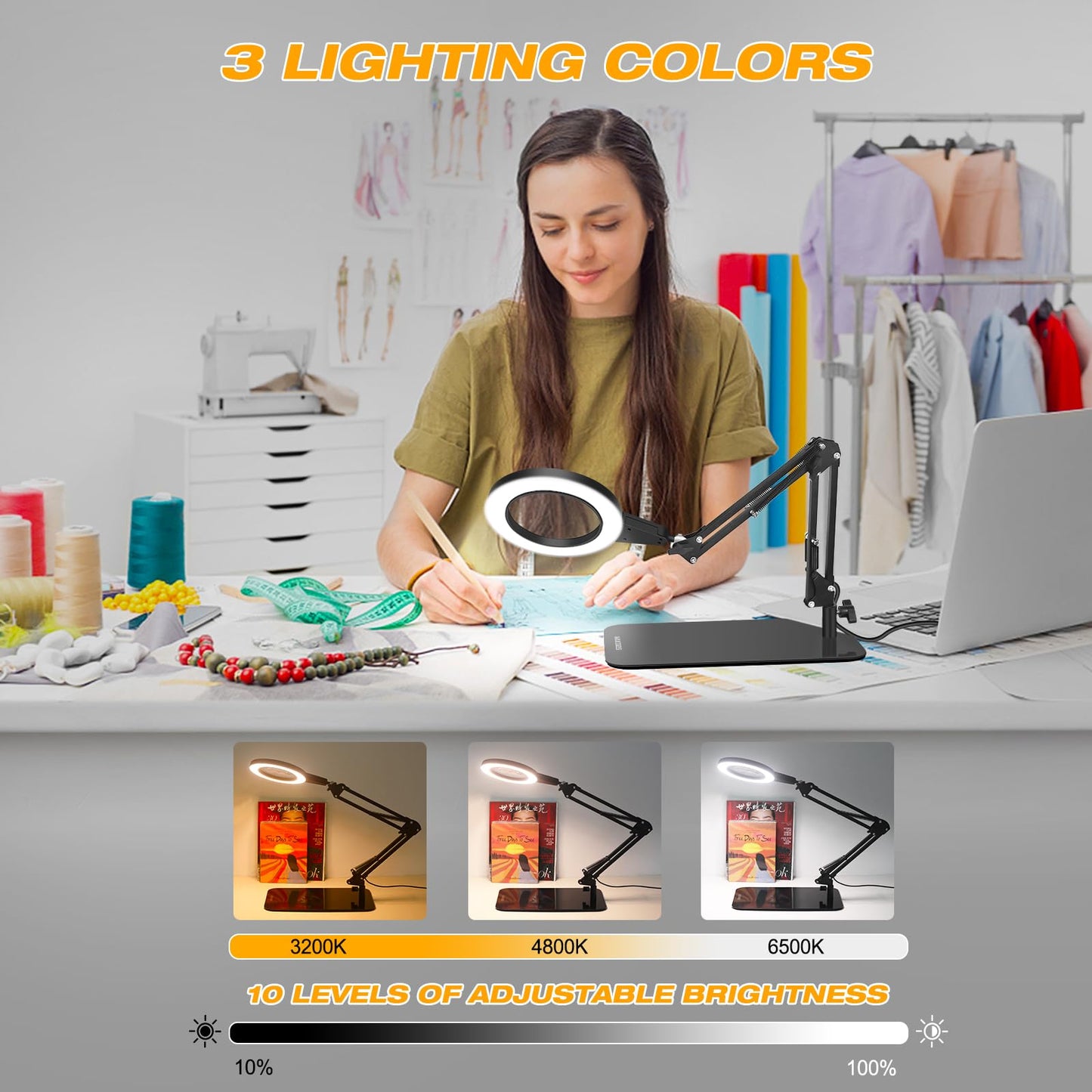 NEWACALOX magnifying glass with light and stand, touch control 2-in-1 magnifier, 8x magnification magnifying lamp, 3 color modes dimmable desk magnifier with lighting, reading magnifier with light for elderly large.