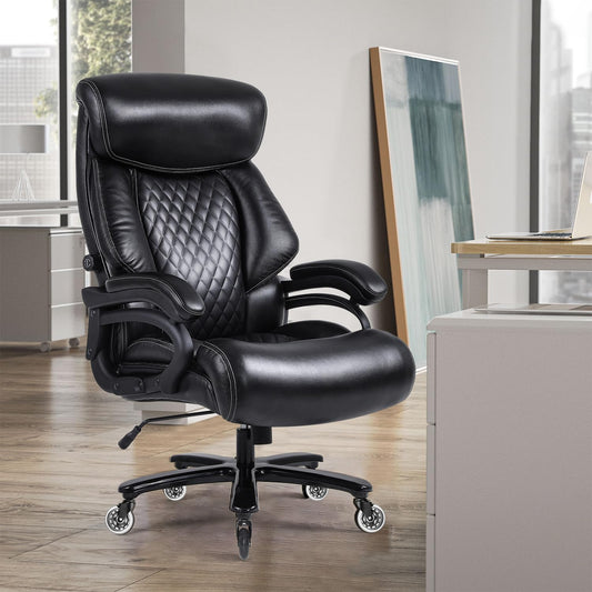 Bosmiller office chair executive chair 440lbs capacity office chair 440lbs ergonomic desk chair swivel chair leather with adjustable lumbar support, black 9338