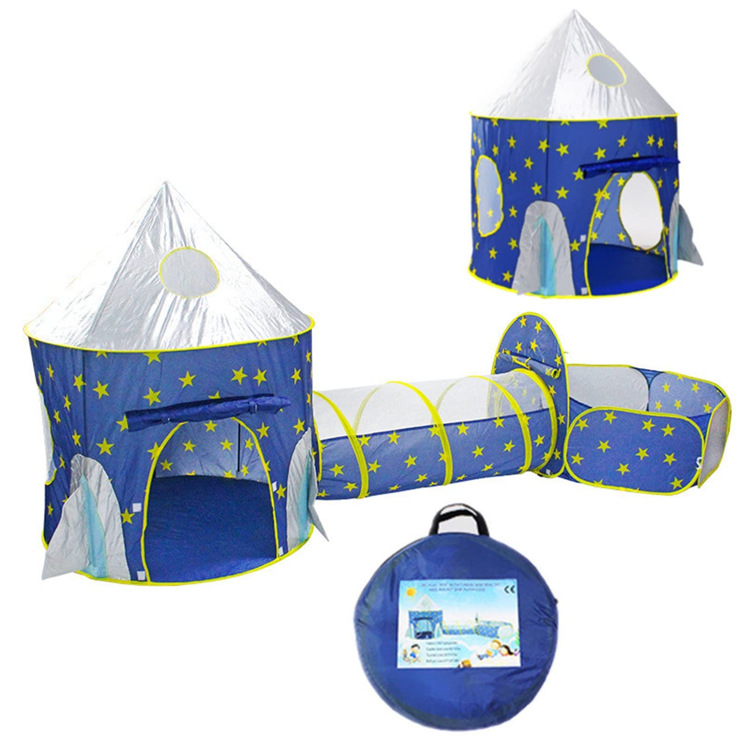 Benebomo play tent with tunnel, 3 in 1 Blue Rocket Tunnel Tent for kids, indoor children's tent, yurt, ball pit, crawl tunnel, crawling tunnel with tent, play tent for boys/girls.