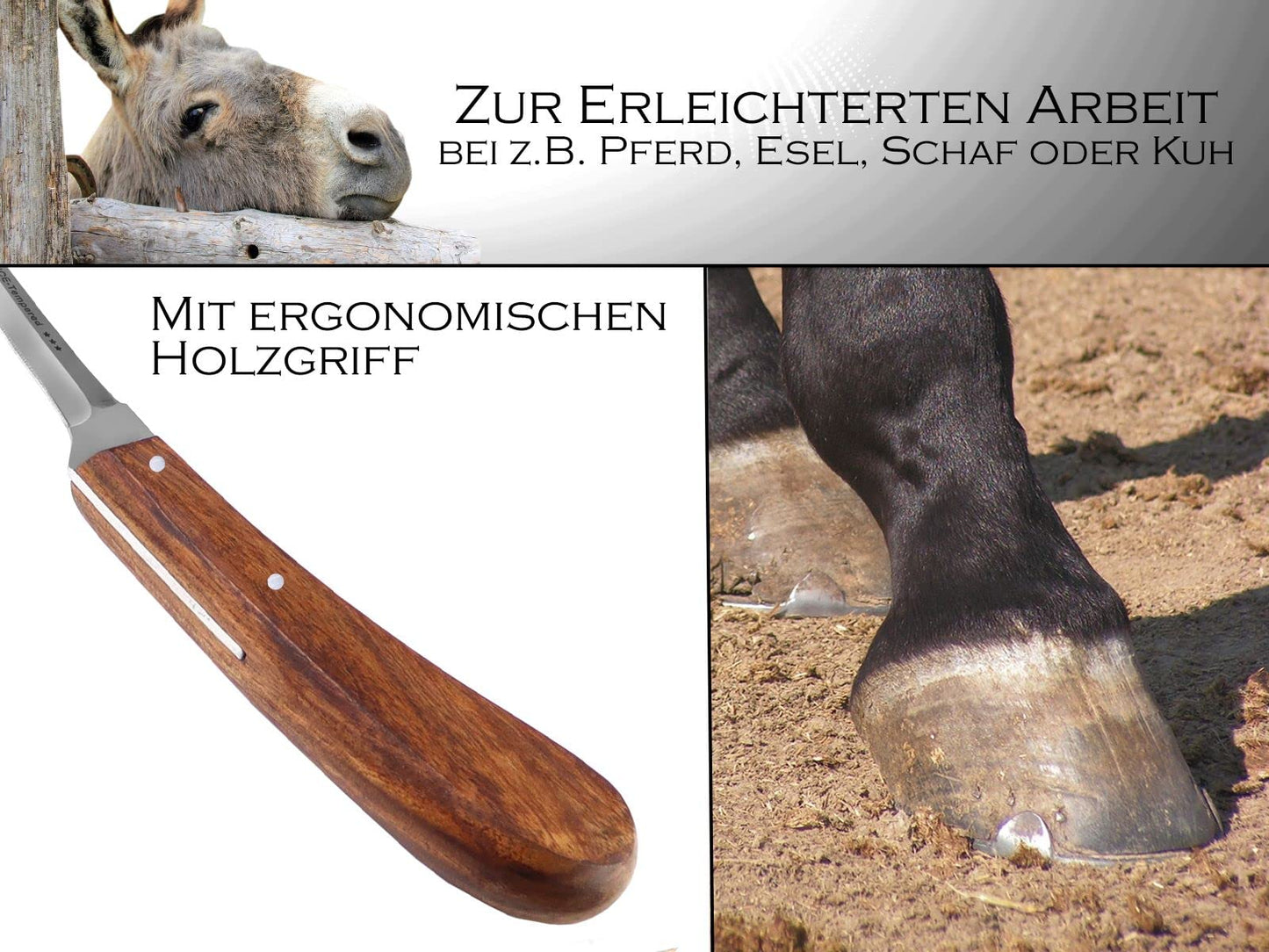 Professional hoof knife 2-piece set for horses. Double-sided sharp blades, thin and wide. Claw knife, groove knife for cattle hoof care. Farrier tool with curved hooks. Special steel, rustproof. Ergonomic handle.