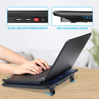 TECKNET Laptop Cooling Pads, Laptop Cooler for 12-17 inch, Cooling Pad Notebook Cooler Stand Cooling Mat, 2 USB Ports, 3 Fans with LEDs (Blue+Black)