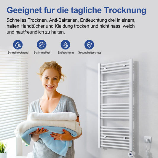 Meykoers electric towel radiator 700 x 400mm with thermostat, bathroom heater in white, 238 watts.