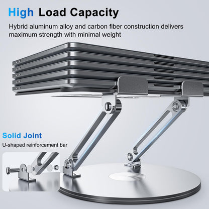 Height-adjustable, foldable laptop stand with ergonomic ventilation and 360° rotating base. Compatible with notebooks, MacBook Air/Pro, Dell, HP, and laptops ranging from 11-16".