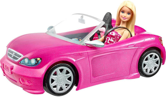 Barbie doll and pink glitter convertible with realistic tires logo, toy for ages 3 and up, DJR55.