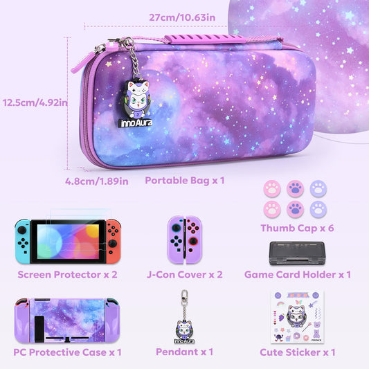 innoAura carrying case for Switch, 14-in-1 NS Switch accessory set with Switch bag, Switch protective case, Switch screen protector, Switch game storage, Switch joystick caps (Galaxy Purple)