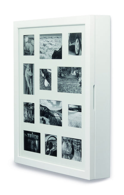 Jewelry cabinet, white with picture frame front for 12 photos made of FSC® certified wood.