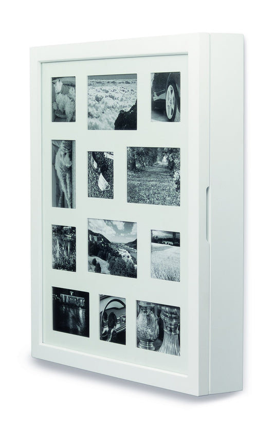 Jewelry cabinet, white with picture frame front for 12 photos made of FSC® certified wood.
