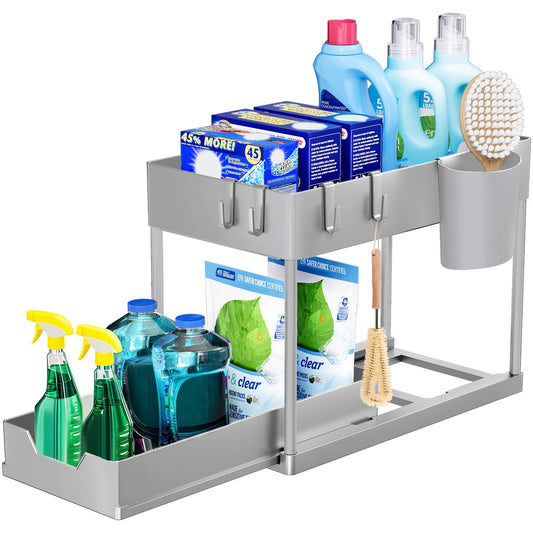 Puricon Under Sink Shelf, 2 Tier Standing Rack Kitchen Countertop Organizer, Multifunctional Kitchen Shelf Spice Rack Under Cabinet Shelf Sink Cabinet Rack - Grey