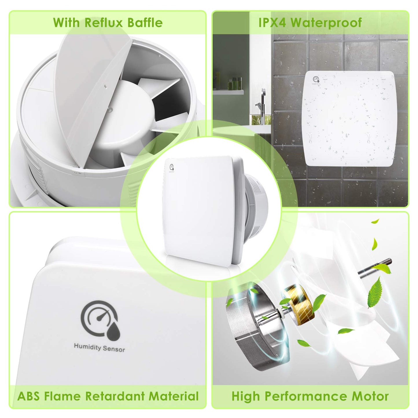 Randaco 100mm bathroom fan with humidity sensor, exhaust fan with backdraft damper & adjustable overrun timer. Bathroom fan for toilet and bathroom.