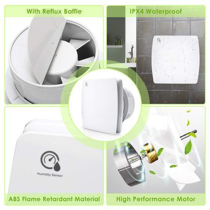 Randaco 100mm bathroom fan with humidity sensor, exhaust fan with backdraft damper & adjustable overrun timer. Bathroom fan for toilet and bathroom.