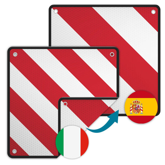 Wiltec 2in1 red and white warning sign for Spain and Italy made of aluminum with mounting holes 500x500 mm reflective warning sign for bicycle carriers and rear carriers to mark protruding cargo.