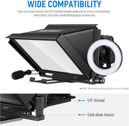 NEEWER X12 Teleprompter made of aluminum alloy with RT-110 remote control and app control, compatible with iPad, iOS/Android tablet, smartphone, DSLR camera, complete metal construction with carrying case.