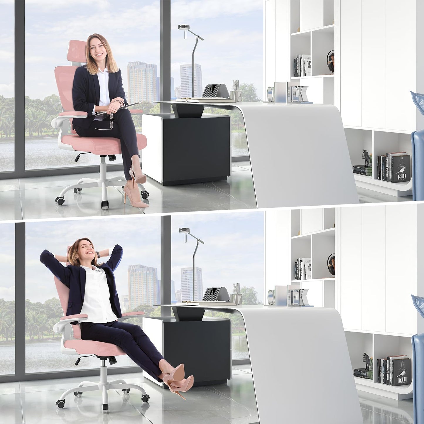 Naspaluro office chair, Ergonomic desk chair with adjustable headrest, armrests, dynamic lumbar support, swivel chair with breathable mesh cover for the home office, Pink.