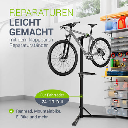 Juskys Bike Repair Stand, up to 50 kg for E-bikes, foldable & height adjustable, clamp head rotates 360°, rubber coating & tool tray, heavy-duty stand for 24 to 29 inch bikes.