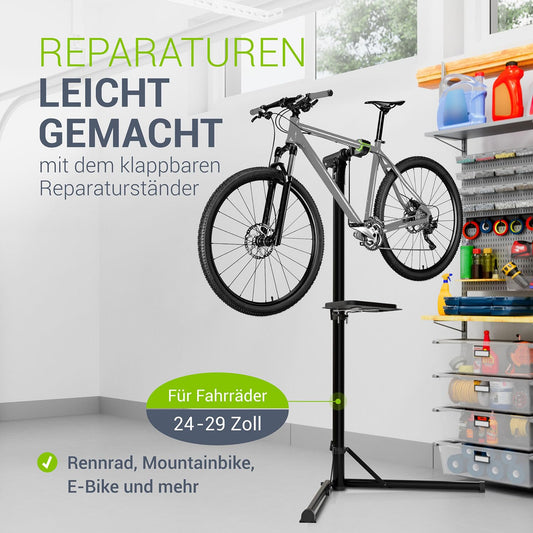 Juskys Bike Repair Stand, up to 50 kg for E-bikes, foldable & height adjustable, clamp head rotates 360°, rubber coating & tool tray, heavy-duty stand for 24 to 29 inch bikes.
