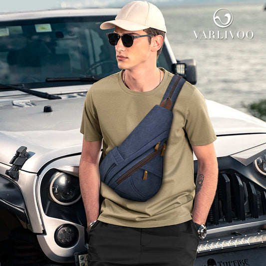 VARLIVOO Retro Men's Sling Bag Women's Crossbody Bag Shoulder Bag Travel Camping Cycling Hiking School Canvas Sling Backpack Navy Blue