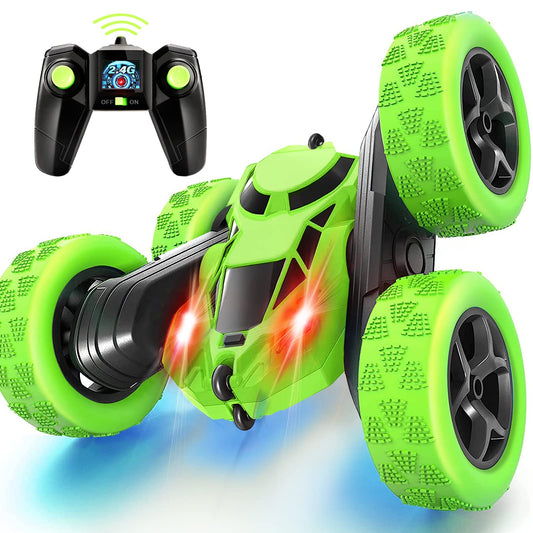 Remote control car, 90 min playtime, 2.4GHz double-sided 360° rotating RC stunt crawler with headlights, 4WD off-road drift RC car toy gifts for boys 6-12 green