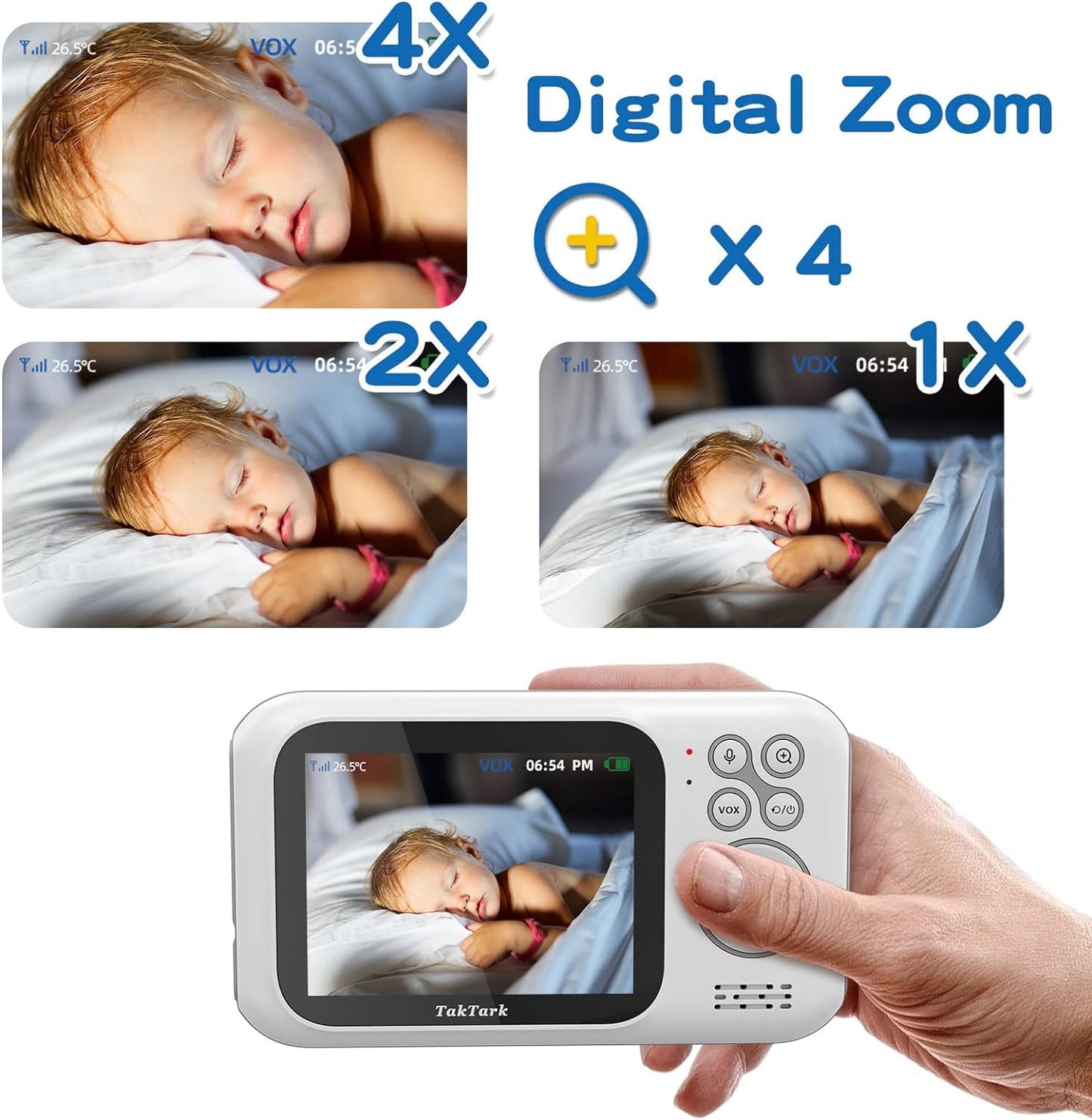 TakTark video baby monitor with camera, 3.2'' screen, zoom, VOX function, 2-way talk, night vision, temperature monitoring.