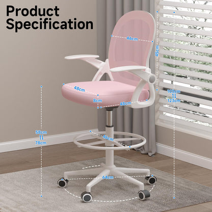Naspaluro office chair with footrest ring, ergonomic desk chair with breathable mesh, foldable armrests, height adjustable, computer chair, lightweight, 360° swivel chair Pink.