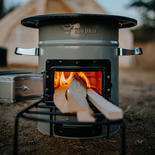 BBQ-Toro Rocket Stove ROCKET #2, Grey | Rocket Stove for Dutch Ovens, grill pans, and more | Rocket stove with firewood rack and air intakes | Fire pit for Dutch Ovens.