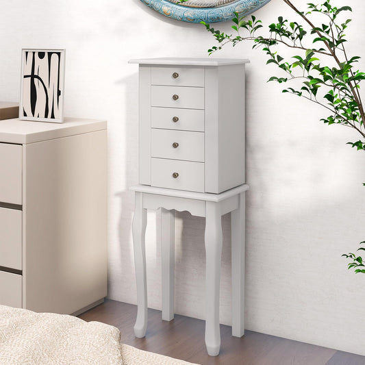 HOMASIS Jewelry Box with 4 Drawers & 8 Hooks, Jewelry Cabinet with Mirror, Jewelry Case with 4 Solid Wood Legs, Jewelry Storage for Wardrobe, Bathroom, Bedroom, White