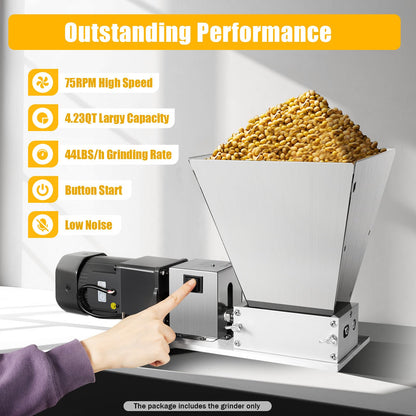 Grain mill, 220V Electric feed mill with Hopper Stainless Steel Malt mill Grain mill Kitchen machine Grain Grinder Home brewer for Grinding Barley Wheat