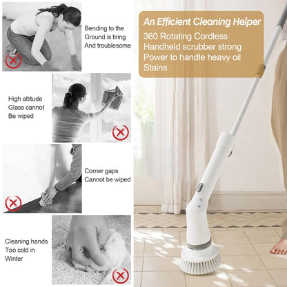 Electric cleaning brush, Electric Spin Scrubber Cordless with 6 interchangeable drill brush heads and adjustable handle, shower cleaning brush tub floor tile mop set for bathroom tile floor car.
