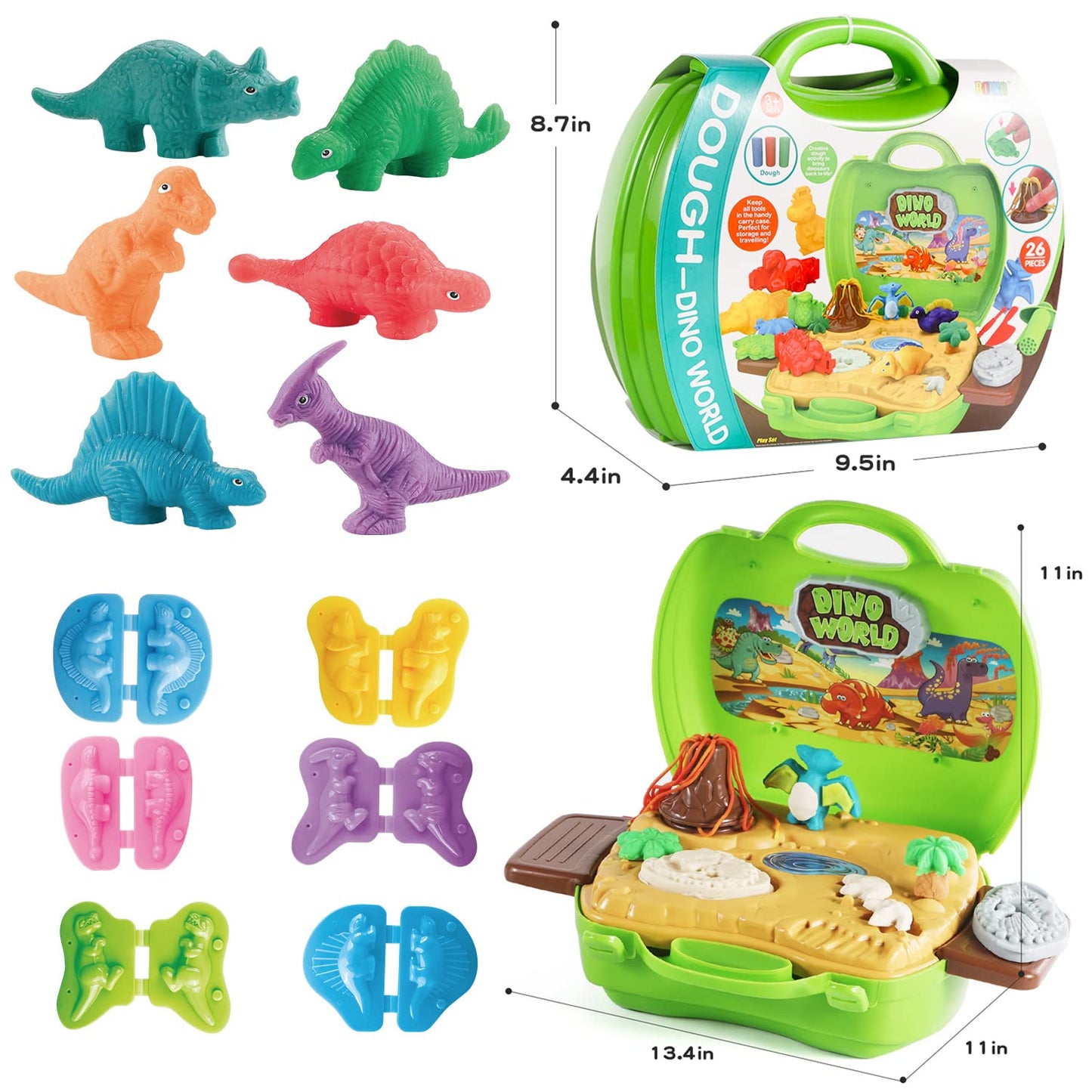 Dinosaur clay set for kids, 37 pieces, Dino clay tools and shapes accessories with volcano and fossils for boys and girls.