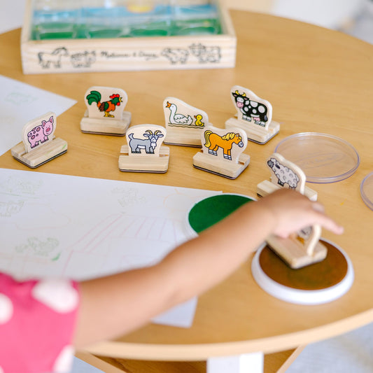Melissa & Doug Wooden Stamp Set Farm Animals | 8 wooden stamps, 2 stamp pads, storage box | For children ages 3 years and up