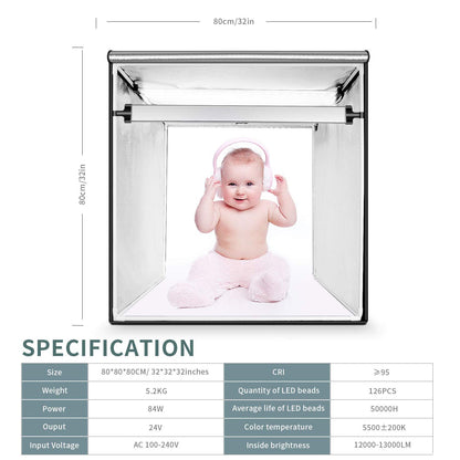FOSITAN 80x80x80cm photo studio dimmable 126pcs LED lighting photo box 5500±200K (CRI≥95) light tent with 3 backgrounds (white, black, orange) for professional photography.