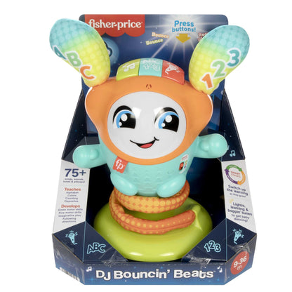 Fisher-Price, DJ Hüpfi, GERMAN Version, interactive learning toy for dancing, moving, and bouncing, with music and suspension, baby toy for children ages 9 months and up, HJP94.