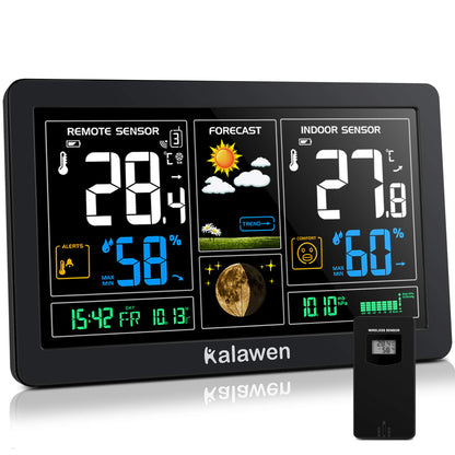 Kalawen weather station with indoor and outdoor temperature, weather forecast, DCF radio clock, battery and mains powered, black.