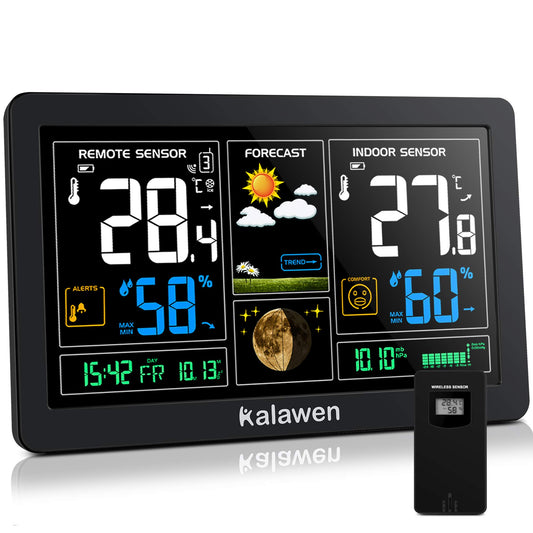 Kalawen weather station with indoor and outdoor temperature, weather forecast, DCF radio clock, battery and mains powered, black.